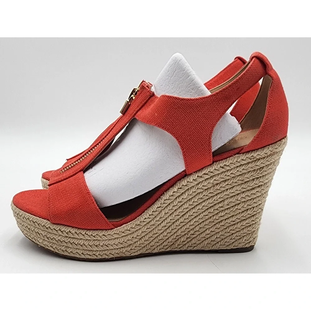 Michael Kors Damita Wedge Sandals Womens 9M Coral Orange Espadrille Zip NEW EXC